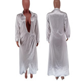 Women'S Summer Sexy Solid Color Turndown Collar Trench Long Sleeve Long Shirt