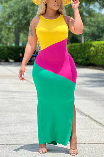 Women'S Fashion Casual Sleeveless Patchwork Contrast Slit Slim Waist Plus Size Dress