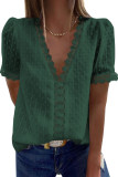 Camisa de gasa de encaje de patchwork de manga corta con cuello en V para mujer