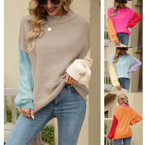 Chic Patchwork Fashion Style Knitting Round Neck Pullover Damen Herbst Winter Shirts