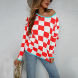 Jersey de calle rojo de algodón corto con estampado de punto de otoño, suéter de talla grande a cuadros para mujer