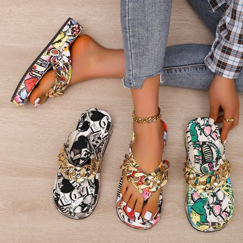 Summer Thick Bottom Round Toe Print Flip-Flops Women'S Metal Chain Outdoor Wear Sandals Plus Size