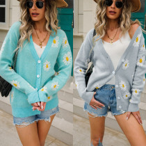 Bedrucktes Strickhemd Jacke Pullover Plus Size Cardigan Gänseblümchen Pullover Trendy