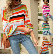 Fall Women'S Striped Pullover Round Neck Loose Knitting Plus Size Sweater Knitting Shirt