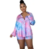 Women Chic Print Long Sleeve Shirt + Shorts Two Piece Set
