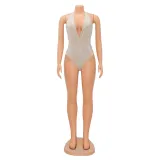 Summer Women Sexy V-neck Backless Beaded Sleeveless Bodysuit