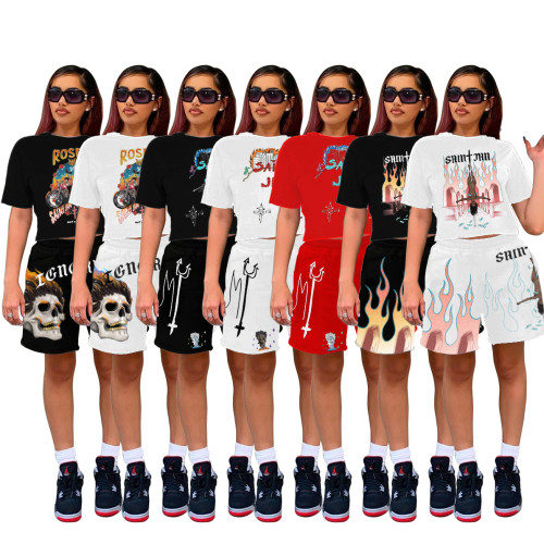 Damen Sommer Trend Print Kurzarm Top + Shorts zweiteiliges Set