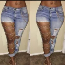 Women Chain Charm Stretch Ripped Denim Pant