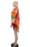 Women Chic Print Long Sleeve Shirt + Shorts Two Piece Set