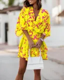 Women Fall V-neck Loose Bat Sleeves Print Dress