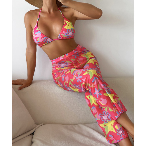 Frauen Sexy Print Pants + Bikini Dreiteiler
