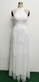 Summer Occassional White Sequin Mesh Patch Halter Evening Dress