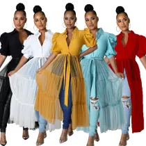 Women Summer Short Sleeve Mesh Shirt Dress