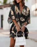 Women Fall V-neck Loose Bat Sleeves Print Dress