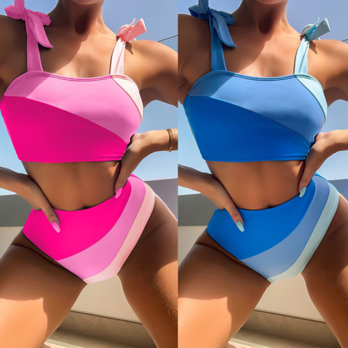 Bikini sexy a vita alta con cinturino colorblock da donna in due pezzi