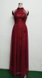 Summer Occassional Red Sequin Mesh Patch Halter Evening Dress
