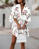 Women Fall V-neck Loose Bat Sleeves Print Dress