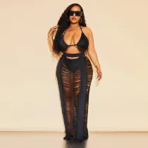 Plus Size Women Cutout Fringe Beachwear Two-Piece Set