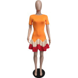 Women summer color block short-sleeved pleated mini dress