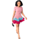 Women summer color block short-sleeved pleated mini dress