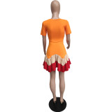 Mini vestido plisado de manga corta con bloque de color de verano para mujer