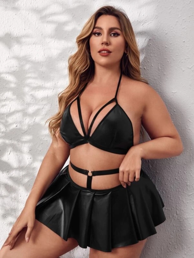 Sexy Plus Size Women Leather Halter Crop Top And Skirt Lingerie - The Little Connection