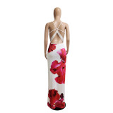 Women's Printed Backless Slit Sexy Elegant Floral Dress Long Skirt