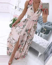 Женская одежда Летнее длинное платье без рукавов с v-образным вырезом и цветочным шифоновым принтом в стиле бохо