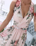 Ropa de mujer Vestido largo bohemio con estampado de gasa floral sin mangas con cuello en V de verano