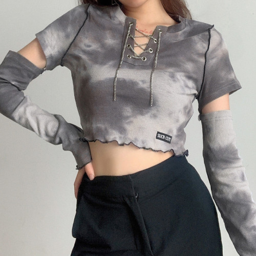 Women Autumn Tie Dye Chain Lace Up Neck Cut Out Sleeve Sexy T-Shirt Slim Fit Fashion Short Top