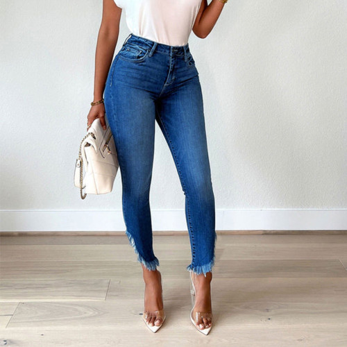 Высокие эластичные джинсовые женские узкие брюки с кисточками Сексуальные джинсы с высокой талией