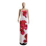 Women's Printed Backless Slit Sexy Elegant Floral Dress Long Skirt