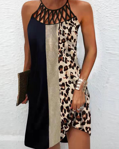 Mini vestido con tirantes calados de malla de leopardo para mujer