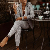 Women Clothes Fall Plaid Slim Fit Turndown Collar Business Suit Long Sleeve Blazer Trousers Two Piece Set