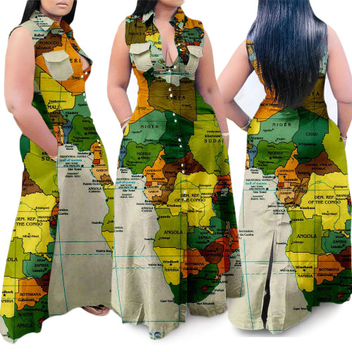 Plus Size Damen Kleidung Casual Map Print ärmelloses Umlegekragen Maxi langes Hemdkleid