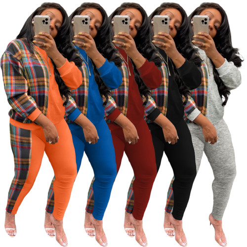 Fall Women Clothes Fashion Casual Long Sleeve Plaid Hoodies Two-Piece Set