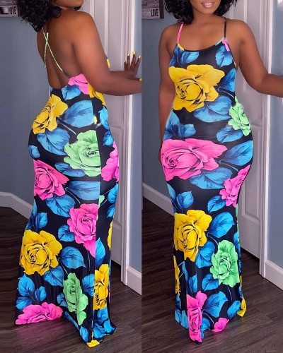 Женская одежда Летний цветочный принт с ремешком и открытой спиной Тонкое длинное платье макси
