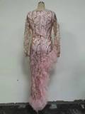 Women Sexy Pink  Sequins Long Mesh Evening Dress