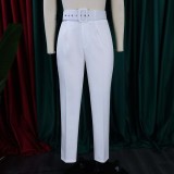 Women Spring Beige Straight High Waist Belted suit Pants