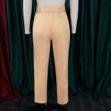 Women Spring Khaki Straight High Waist Belted suit Pants