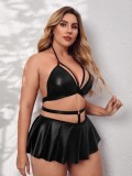 Sexy Plus Size Women Leather Halter Crop Top And Skirt Lingerie Set