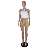 Women Clothes Solid Casual Sleeveless Halter Bodysuit Wide-Leg Shorts Belt Two Piece Set