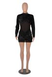 Women Clothes Sexy See-Through Velvet Mesh Patchwork Pleated Tight Fitting Club Dress