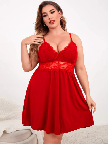 Vestido de noche de encaje con correa roja para mujer de talla grande sexy Lencería