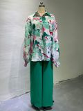 Plus Size Women Print Casual Loose Turndown Collar Shirt + High Waist Wide Leg Pants Two Piece Set