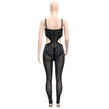 Fashion Sexy Mesh See Through Hot Drill Sleeveless Straps Jumpsuit