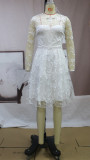 Spring Women Elegant White Overall Lace O-neck Long Sleeve Puffy Short Bridal Wedding Dress