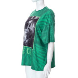Camiseta vintage americana informal suelta con cuello redondo y estampado de retrato de verano para mujer