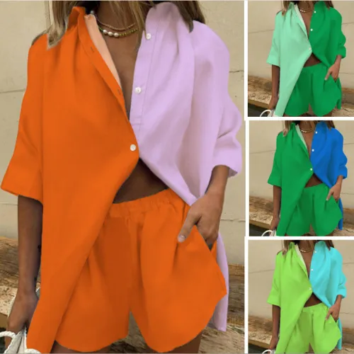 Summer Women's Two Piece Double Colorblock Short Sleeve Shorts Fashion Casual Outfit