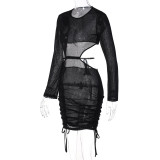 Women's Solid Round Neck Long Sleeve Open Waist Drawstring Gathered Sexy See-Through Bodycon Dress